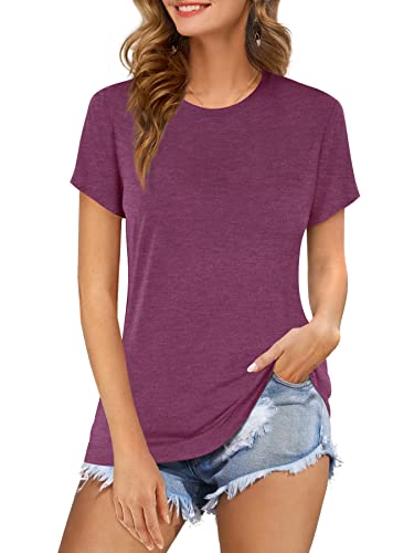 Beluring Sommer Tops Weich T-Shirt Für Damen Kurzarm Einfarbig Bluse Weinrot M von Beluring