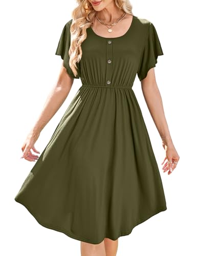 Beluring Sommerkleid Damen Elegant Rundhals Midikleid Rüschenärmel Kleider Kurzarm Freizeitkleid Armeegrün M von Beluring