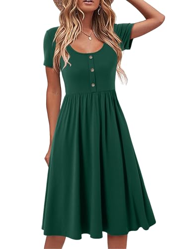 Beluring Sommerkleid Damen Kurzarm Midi Kleider Rundhalsausschnitt Freizeitkleid Elegant Shirtkleid Dunkelgrün M von Beluring