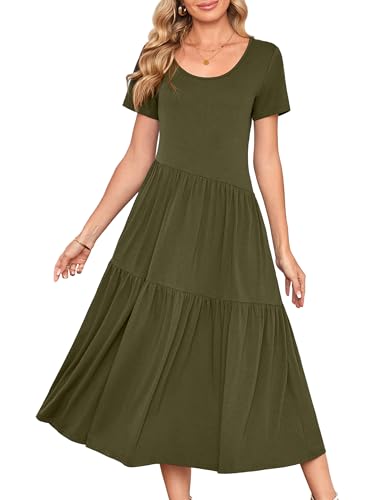 Beluring Sommerkleider Damen Elegant Kurzarm Kleider Rundahlasausschnitt Einfarbig Maxikleider Armeegrün XL von Beluring