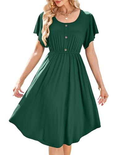 Beluring Strandkleid Damen Elegant Kurzarm Sommer Kleider Rundhals A-Linien Swing Tunika Kleid mit Taschen Dunkelgrün M von Beluring