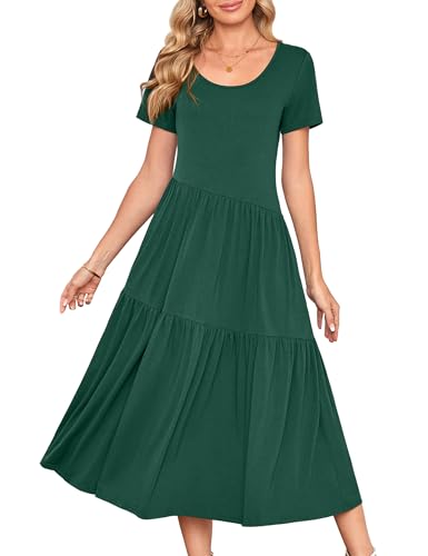 Beluring Strandkleider Damen Sommer Kleider Rundhals Freizeitkleid Kurzarm Plissee Swing Maxi Kleid Dunkelgrün XL von Beluring