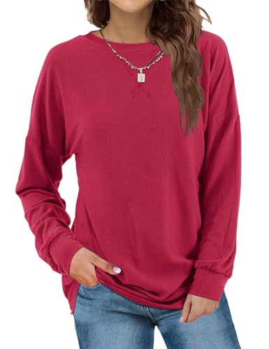 Beluring Sweatpullover Damen Lässige Langarm Sweatshirt Rundhalsausschnitt Einfarbig Oberteile Weinrot M von Beluring