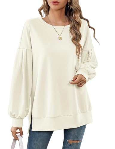 Beluring Sweatshirt Damen Ohne Kapuze Elegant Langarm Oberteile Rundhal Basic Tshirt Creme L von Beluring