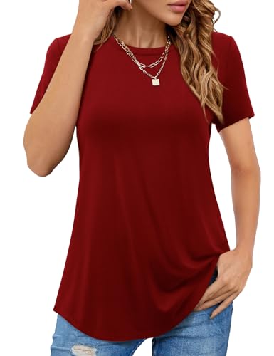 Beluring T Shirt Damen Elegant Kurzarm Oberteile Rundhalsausschnitt Longshirt Rot XXL von Beluring