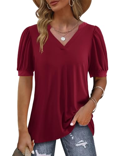 Beluring T-Shirt Damen Elegant Kurzarm Tunika Oberteile V-Ausschnitt Shirt Weinrot XL von Beluring