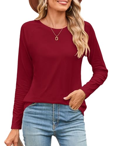 Beluring T Shirt Damen Herbst Langarm Oberteile Elegant Rundhals Einfarbig Bluse Weinrot XL von Beluring