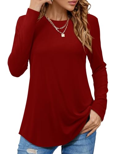Beluring T-Shirt Damen Herbst Langarm Oberteile Rundhalsausschnitt Basic Longshirt Weinrot XXL von Beluring