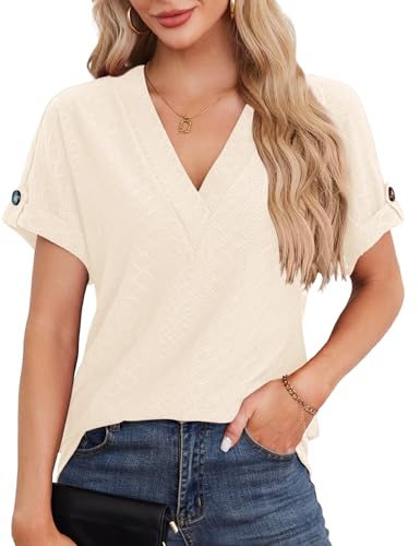 Beluring T Shirt Damen Kurzarm Lose Shirt Lässige V-Ausschnitt Schönes Oberteile Aprikose XL von Beluring