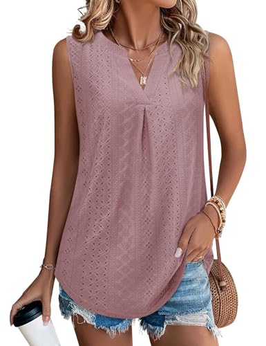 Beluring T-Shirt Damen Lässig Ärmellos Bluse V-Ausschnitt Plissee Schicke Tunika Bohne Rosa XL von Beluring