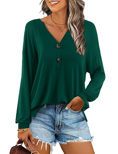 Beluring Oberteil Damen Elegant Langarm Blusen V Ausschnitt Knopfleiste T-Shirt Dunkelgrün XXL von Beluring