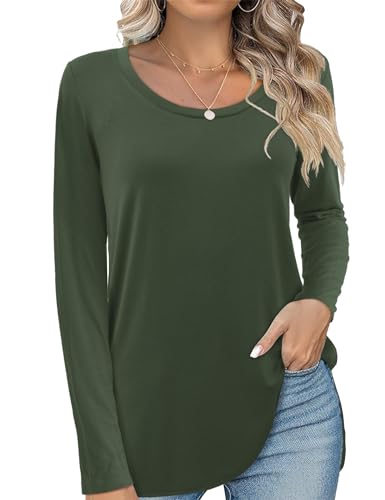 Beluring T-Shirt Damen Langarmshirt Rundhals Oberteile Longshirt Einfarbiges Tshirt Armeegrün XL von Beluring