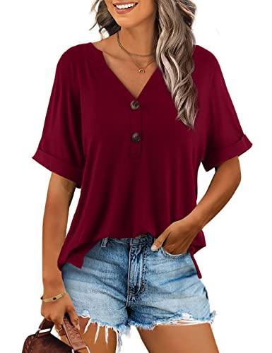 Beluring T-Shirt Damen Sommer Kurzarm Blusen Elegant V-Ausschnitt Oberteile Weinrot XXL von Beluring