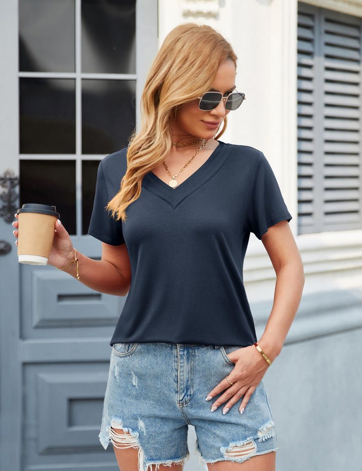 Beluring T-Shirt Damen Sommer Kurzarm Oberteile Elegant V-Ausschnitt Basic Shirt Einfarbig Casual Top Tunika Longshirt von Beluring