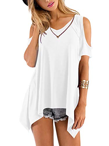 Beluring T-Shirt Damen Sommer Kurzarm V Ausschnitt Schulterfreies Oberteil Weiß 2XL von Beluring