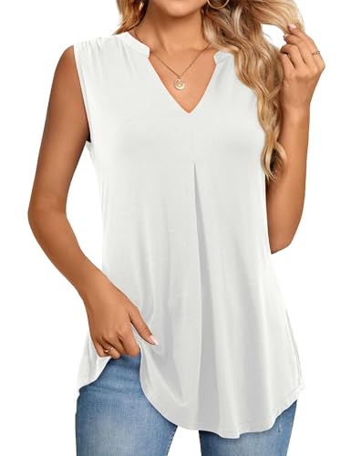 Beluring T-Shirt Damen Sommer V-Ausschnitt Oberteile Elegant Ärmellos Süße ​Tunika Bluse Weiß M von Beluring