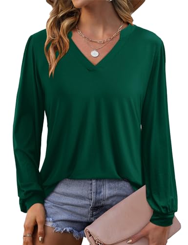 Beluring T-Shirt Damen V-Ausschnitt Elegant Langarm Basic Blusen Grün L von Beluring