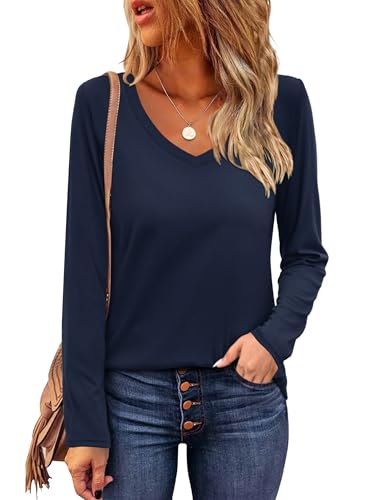 Beluring Damen Tshirt Lässig Langarm Tunika Oberteile V-Ausschnitt Bluse Marineblau XL von Beluring