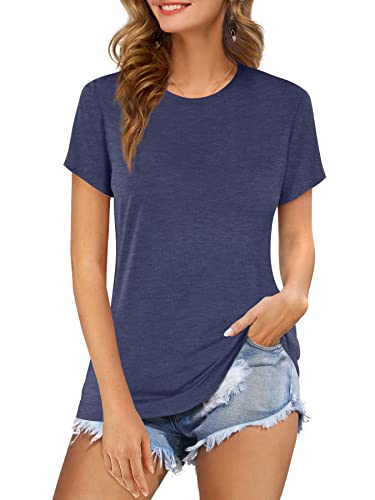 Beluring T-Shirt Für Damen Sommer Lässige Kurzarmshirt Einfarbig Oberteile Tees Marineblau XL von Beluring