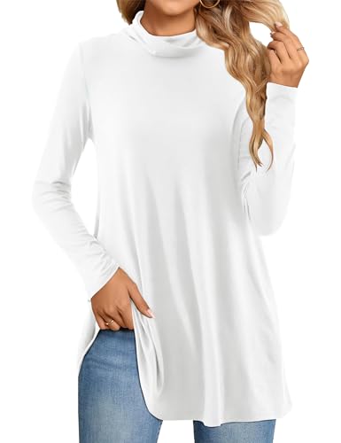 Beluring T-Shirts für Damen Elegant Langarm Longshirt Einfarbig Blusen Shirt mit Tasche Weiß L von Beluring