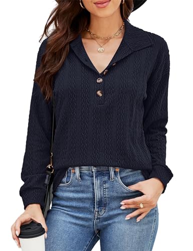 Beluring Top Damen Langarm Oberteile Lockere Mode Pullover Revers Hemdbluse Marineblau XXL von Beluring