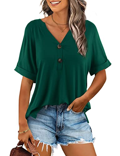 Beluring Top Damen Sommer Kurzarm Oberteile Sexy V-Ausschnitt Tunika Blusen Dunkelgrün XL von Beluring