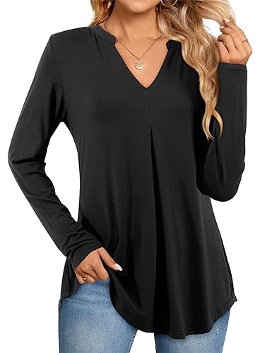Beluring Tshirt Damen Casual Langarm V Ausschnitt Oberteile Herbst Locker Basic Longbluse Schwarz XXL von Beluring