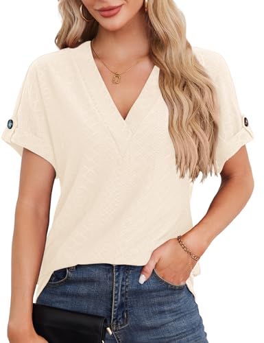 Beluring Tshirt Damen Elegant Kurzarm Tunika V-Ausschnitt Basic Bluse Top Aprikose S von Beluring