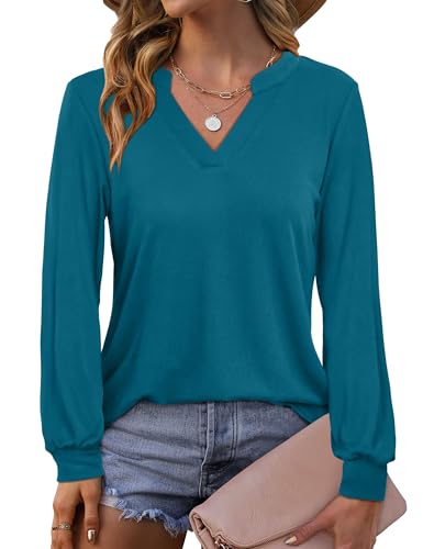 Beluring Tshirt Damen Elegant Langarm Oberteile V-Ausschnitt Einfarbig Tunika Bluse Seeblau S von Beluring
