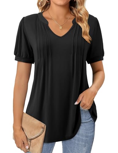 Beluring Tshirt Damen Elegant V-Ausschnitt Bluse Lässig Kurzarm Einfarbig Schick Oberteile Schwarz XL von Beluring