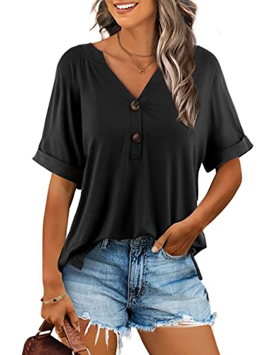 Beluring Tshirt Damen Kurzarm Oberteile Knopfleiste Basic Sommerblusen Schwarz M von Beluring