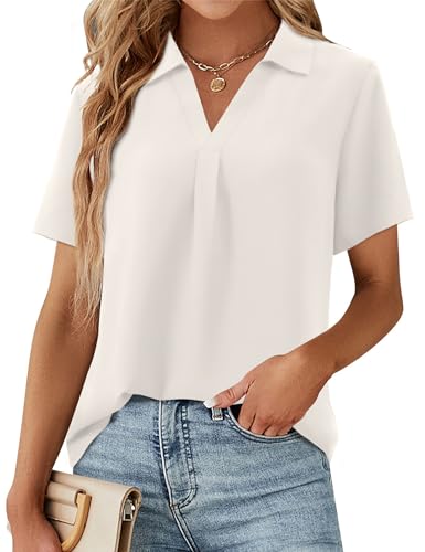 Beluring Tshirt Damen Lässig V-Ausschnitt Oberteile Sommer Kurzarm Schönes Blusenshirt Creme XL von Beluring