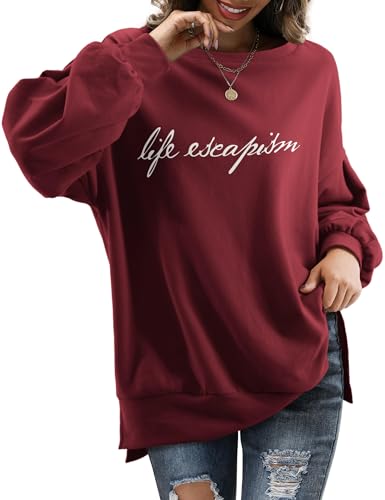 Beluring Tshirt Damen Langarm Elegant Oberteile Ohne Kapuze Sweatshrit Briefe Druck Pullover Weinrot S von Beluring