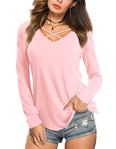 Beluring Tshirt Damen Langarmshirts V Ausschnitt Oberteil Bequeme Shirts Rosa M von Beluring