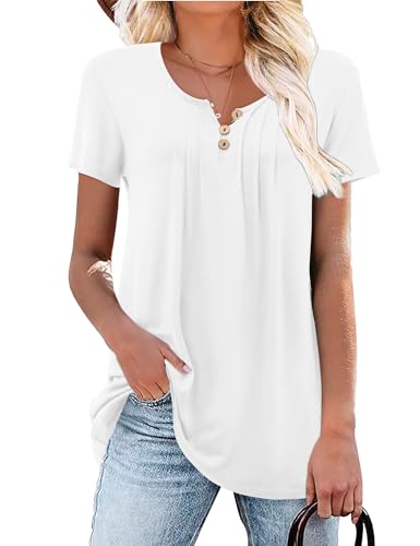 Beluring Tshirt Damen Sommer V-Ausschnitt Kurzarm Oberteile Henley Shirt mit Knöpfen Weiß M von Beluring