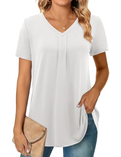 Beluring Tunika Damen Kurzarm V Ausschnitt T-Shirts Elegant Basic Longshirt Weiß M von Beluring