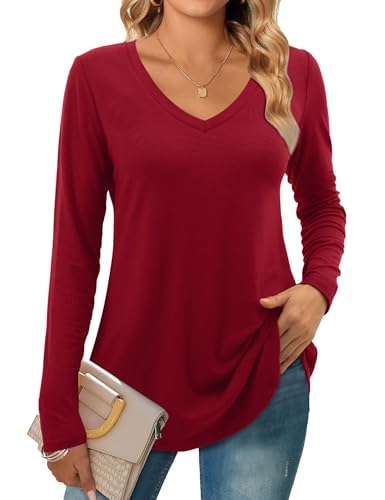 Beluring Tunika Damen Langarm Oberteile Elegant V-Ausschnitt Tshirt Basic Shirts Weinrot L von Beluring