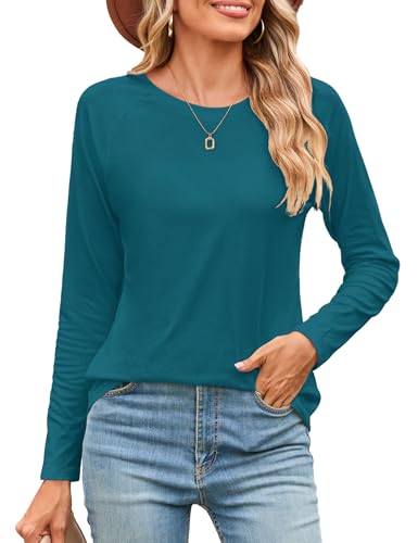 Beluring Tunika Damen Langarm Rundhals T-Shirts Elegant Geschwungener Saum Oberteile Pfauenblau XL von Beluring