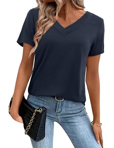 Beluring Tunika Damen Sommer V-Ausschnitt Oberteile Elegant Kurzarm Tshirt Marineblau S von Beluring