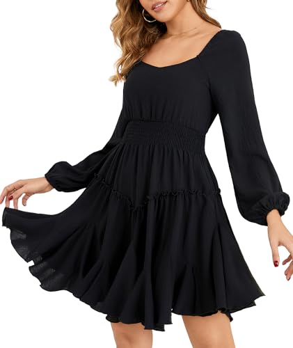 Beluring Tunika Kleid Damen Elegant Laterne Langarm Freizeitkleider Eckiger Ausschnitt A Linie Party Mini Kleid Schwarz L von Beluring