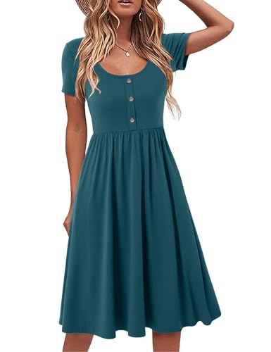 Beluring Tunika Kleid Damen Kurzarm Sommerkleider Lässig Rundhals Midikleid Einfarbig Kleider mit Taschen Blau L von Beluring