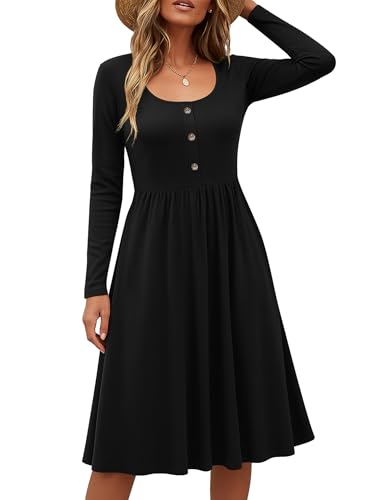 Beluring Tunika Kleid Damen Lässig Rundhalsausschnitt Midikleid Langarm Kleider mit Taschen Schwarz L von Beluring
