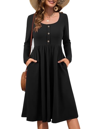 Beluring Tunika Kleid Damen Lässig Rundhalsausschnitt Midikleid Langarm Kleider mit Taschen Schwarz XL von Beluring
