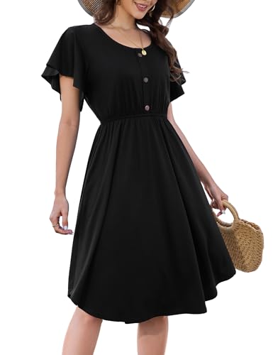 Beluring Tunika Kleid Damen Sommer Kurzarm Strandkleid Elegant Rundhals A-Linien Swing Midikleid Schwarz M von Beluring