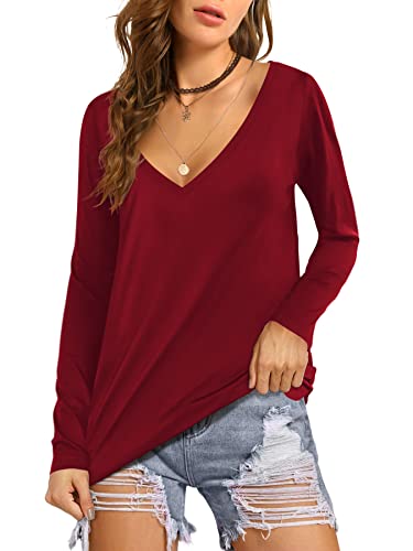 Beluring V-Ausschnitt T-Shirt Damen Langarm Oberteile Lang Tunika Solides Shirts Burgund XL von Beluring