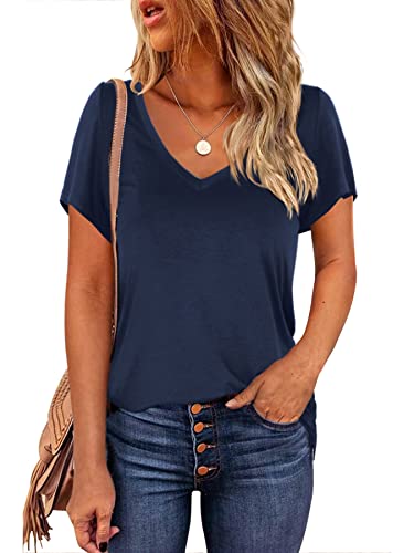 Beluring Womens Soft Comfy Tops V-Ausschnitt Kurzarm Baggy T-Shirt Navy Blau L von Beluring