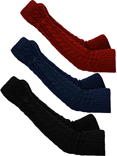 Bememo 3 Paar Armstulpen lange fingerlose Handschuhe gestrickt Handgelenkwärmer mit Daumenloch für Damen und Mädchen, Schwarz, Marineblau, Weinrot, Einheitsgröße von Bememo