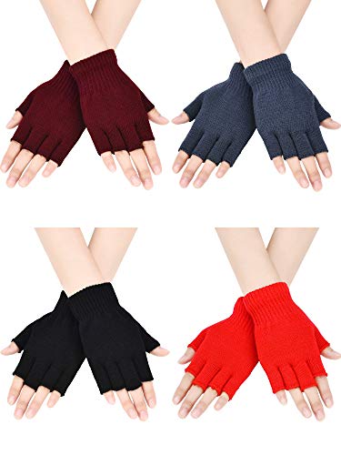 Bememo fingerlose Strickhandschuhe für Jungen und Mädchen, einfarbig, 4 Paar Gr. Medium, Schwarz, Grau, Weinrot, Rot. von Bememo