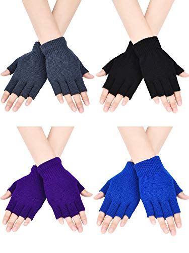 Bememo fingerlose Strickhandschuhe für Jungen und Mädchen, einfarbig, 4 Paar Gr. Medium, Schwarz, Grau, Königsblau, Lila. von Bememo