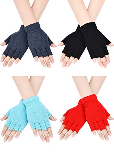 Bememo fingerlose Strickhandschuhe für Jungen und Mädchen, einfarbig, 4 Paar Gr. Medium, Himmelblau, Rot, Schwarz, Grau. von Bememo